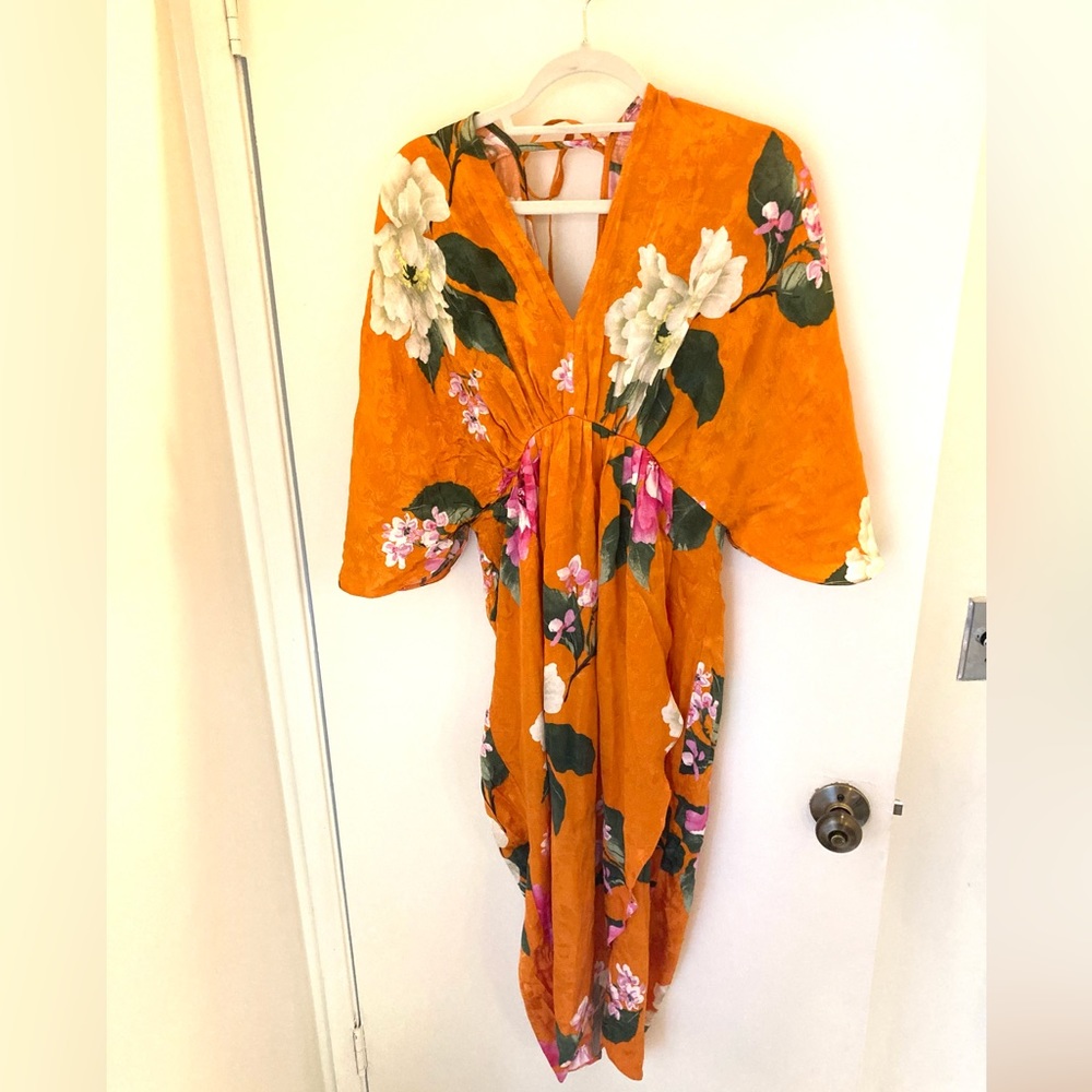 Bright orange floral maternity dress. Great for baby shower or maternity shoot